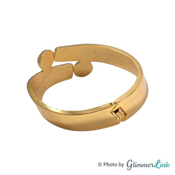 Vintage Modernist Clear Rhinestone Accents Gold Tone Hinged Cuff Bracelet - Picture 4 of 9